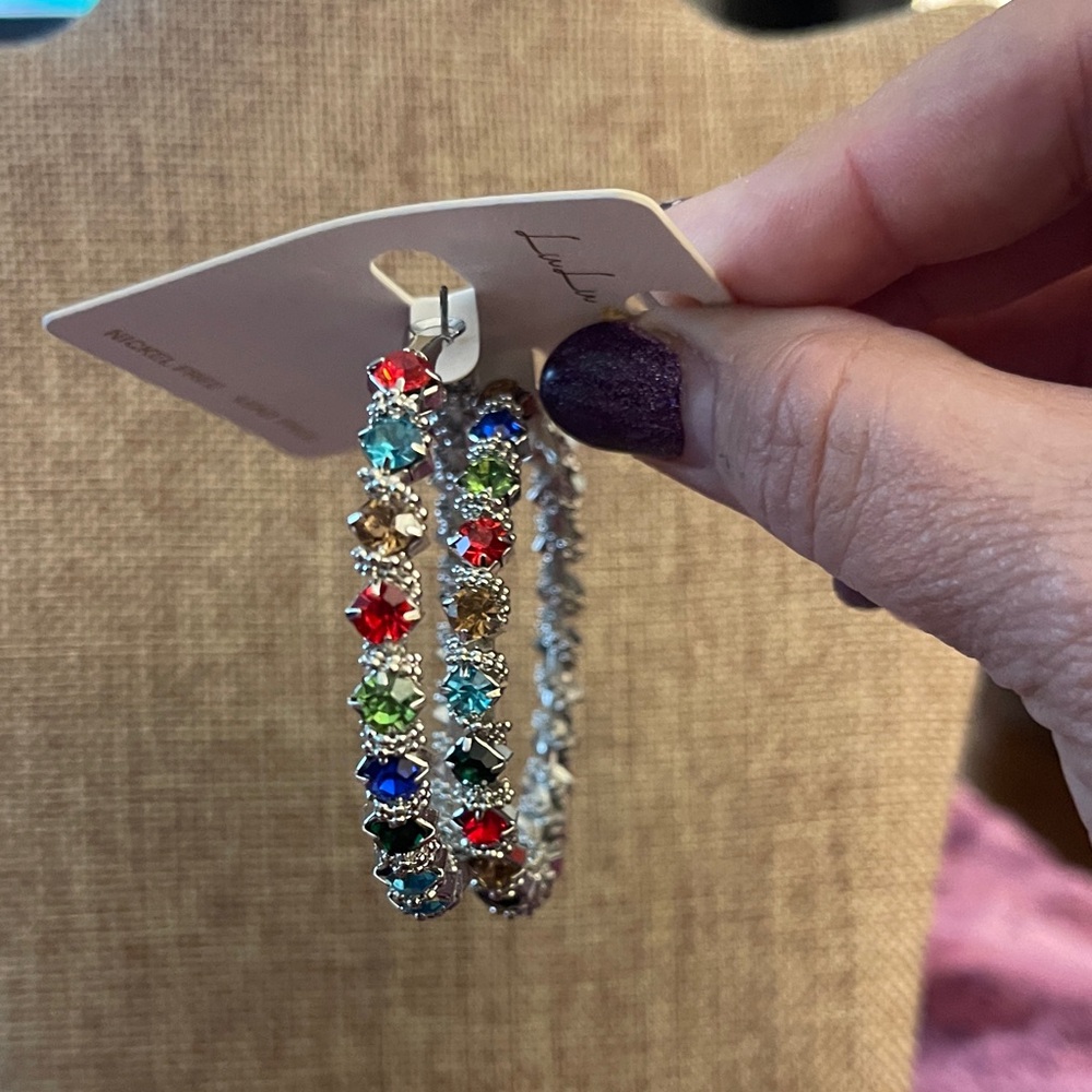 Silver Multicolor Crystal Hoop Earrings - Picture 2 of 2